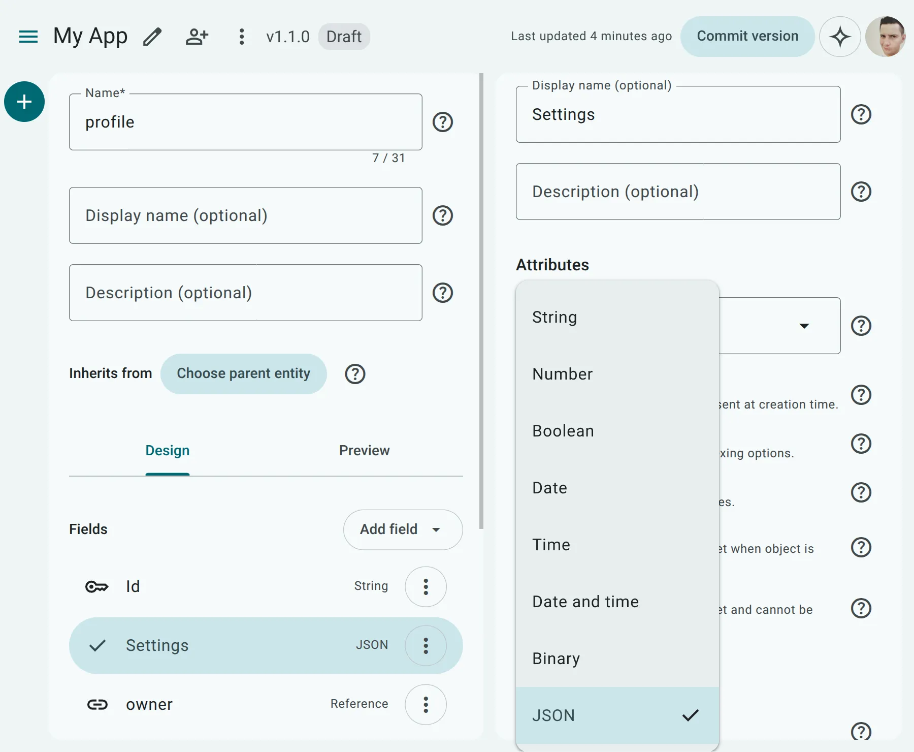 JSON Type Selection